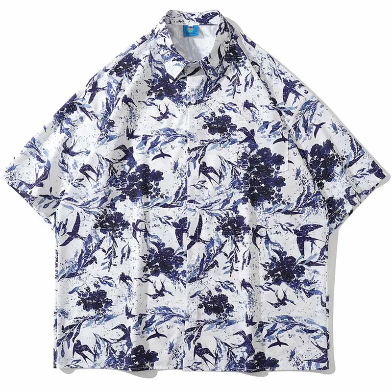 

2022 Summer Unisex Rrtro Harajuku Printed Turn-Down Collar Couple Shirts Men Oversize Hawaii Short Sleeve Tropica Flowers Shirts