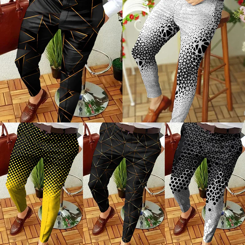 

2022 New Men Casual Print Trousers Retro Geometric Pattern Print Pencil Pants Long Pants Mens Four Seasons Fashion Business
