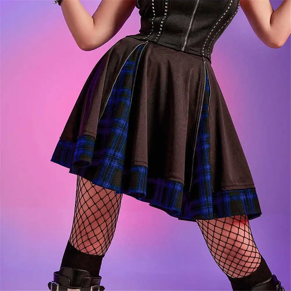 

Skirt Gothic Retro Women Darkness Fashion Contrast Color Check Stitching Skirt Pleated Skirt Black Spring Summer New 2022