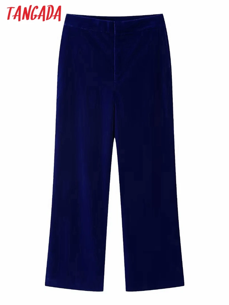 

Tangada Women Blue Velvet Business Suit Pants Trousers Vintage Style Lady Pants Pantalon BE21