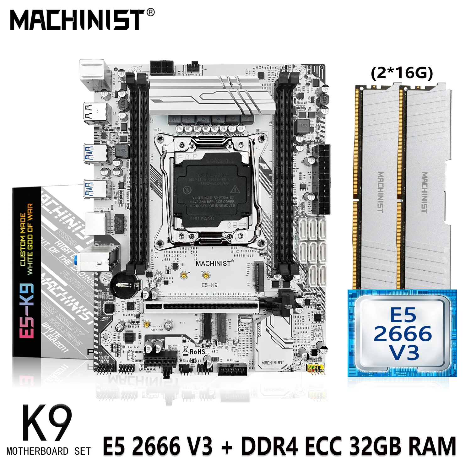 

MACHINIST X99 K9 Motherboard Kit LGA 2011-3 Set With Xeon E5 2666 V3 CPU 32GB=2*16G DDR4 ECC RAM Memory C612 chip SSD M.2 M ATX