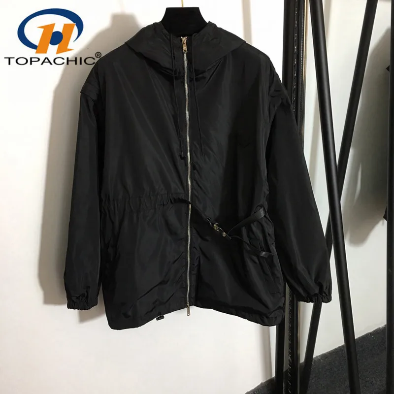 

8.9 High End Women Triangle Metal Belt Drawstring Collect Waist Design Zipper Sleeve Detachable Hooded Long Trench Coat