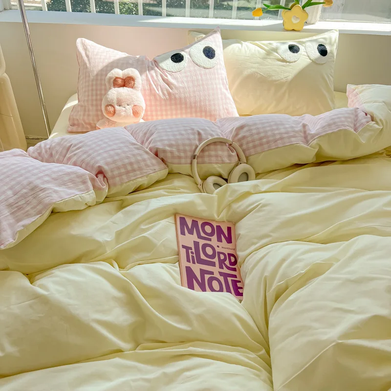 INS Cream Washed Cotton Four-Piece Quilt Cover Single Piece 50x200x230cm Big Eyes Student Three-Piece Set
