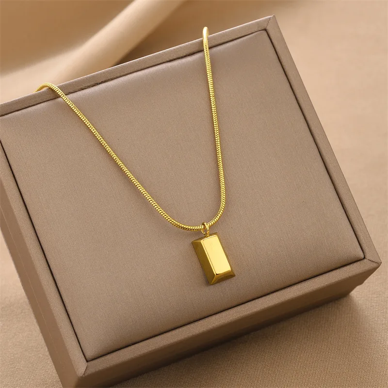 

Minar Textured Gold Brick Cubes Pendant Necklaces for Women Female 18K Gold Plated Stainless Steel Snake Chain Chokers Necklace