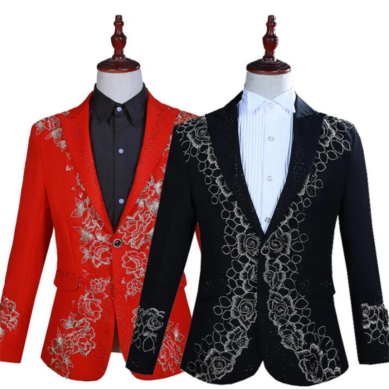

Blazer Men Suits Stage Singers Jacket Hot Drilling Water Soluble Lace Inlay Clothes Dance Star Style Dress Masculino Homme Black