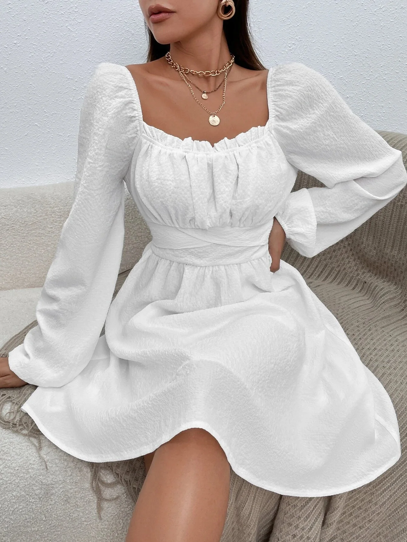 

Summer dress French Boho Tie Neck Mini Sexy White Women Elegant Puff Sleeve Y2k Casual Party Beach dresses for women 2022 Robe