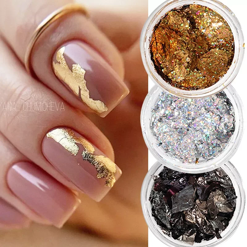 

2022NEW Foil Sequins For Nails Gold Silver Irregular Glitter Flakes Mirror Chrome Powder Manicuring Winter Decorations