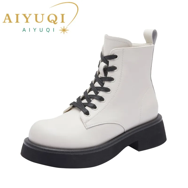 

AIYUQI Boots Women Genuine Leather Autumn Winter Lace Up Round Toe Retro Short Boots Women Korean version women ankle boots