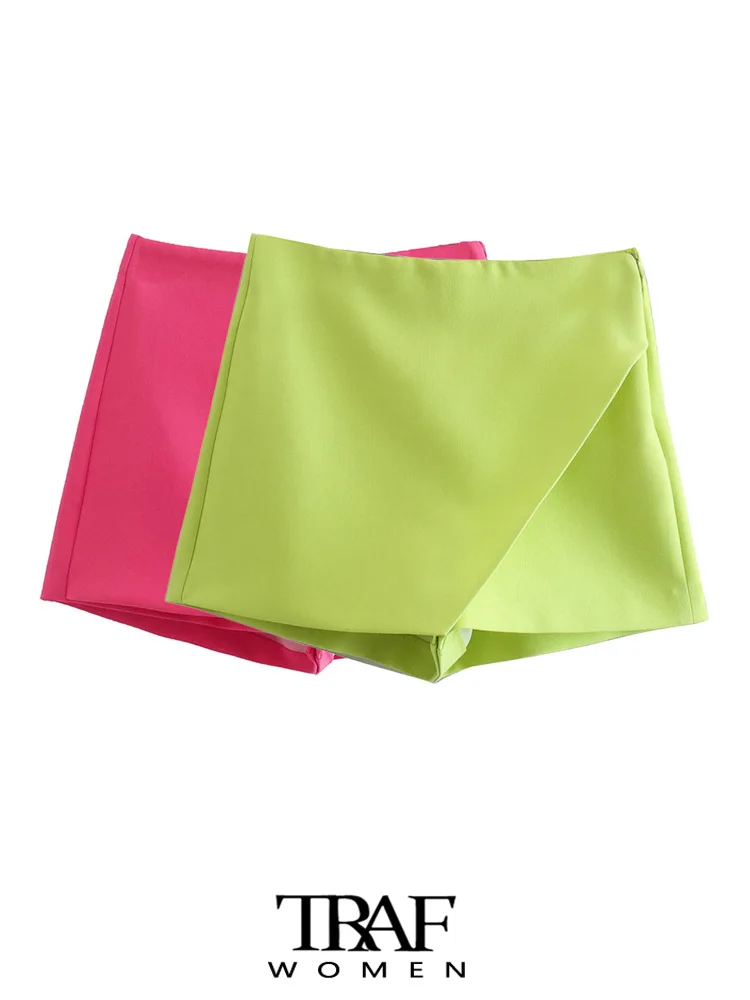 

TRAF Women Fashion Asymmetrical Shorts Skirts Vintage High Waist Side Zipper Female Skort Mujer