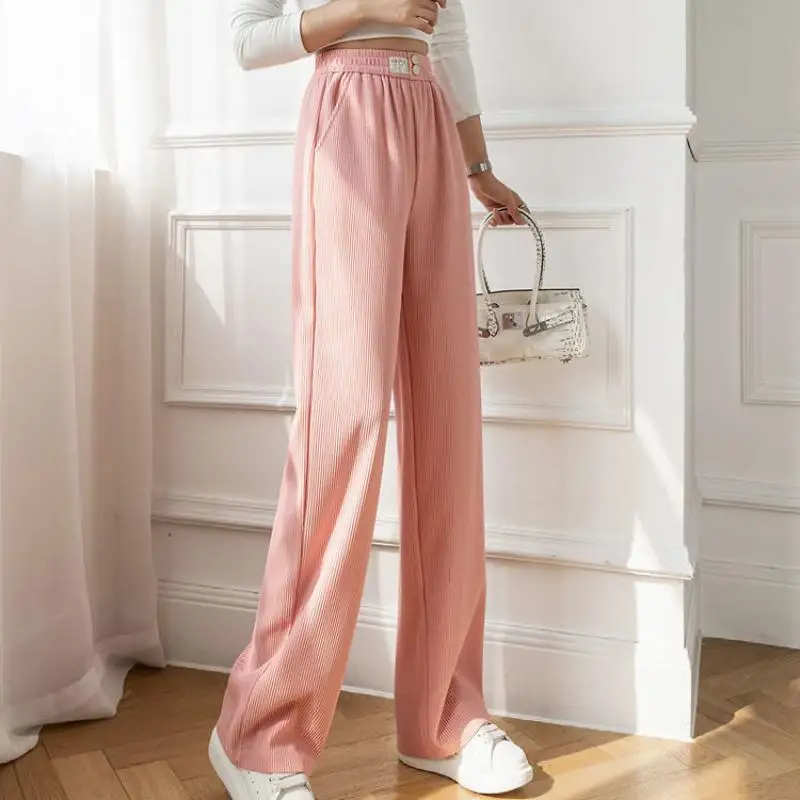 

Green Ice Silk Elastic Vertical Wide Leg Pants Women's Spring and Summer Light Pocket Stripe High Waist Casual Straight Pants