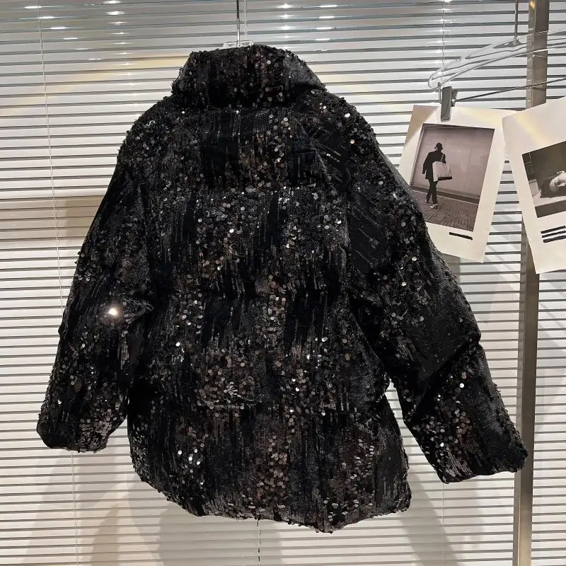 Fashion Sequins Warm-Keeping Cotton Coat for Ladies 2022 Winter New Versatile Stand Collar Long Sleeve Loose Jacket Women's