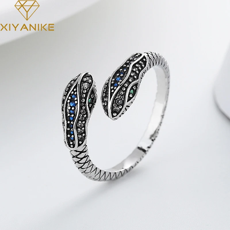 

XIYANIKE Colored Zircon Black Two Head Snake Cuff Rings For Women Girl Vintage Fashion New Jewelry Lady Gift Party anillos mujer