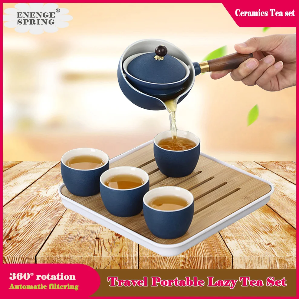 

9-Piece Set Travel Portable Tea Set 360°Rotating Auto Filter Teapot For Tea Brewing In Mug Tea Infuser Tea Tray/Cup Tea Set Kit