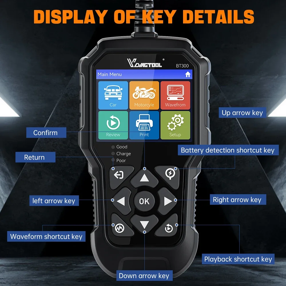 VDIAGTOOL BT300 Тестер автомобильного аккумулятора 6 В 12 стартера и генератора для