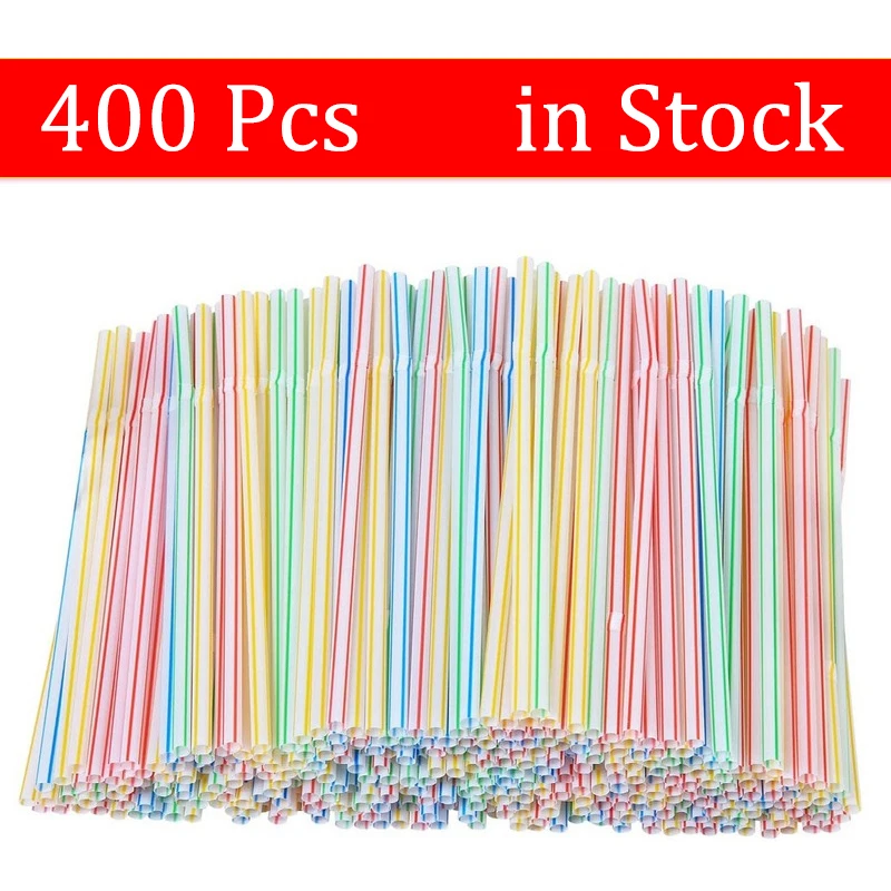 

400 Pcs Disposable Plastic Drinking Straws Multi-Colored Striped Bendable Elbow Straws Party Event Alike Supplies Color Random
