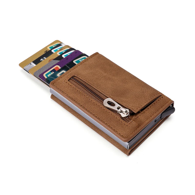New Arrival Men RFID Wallet Antitheft Aluminum Box Card Holder PU Leather Pop Up Card Case Black Brown Blue Magnet Coin Purse