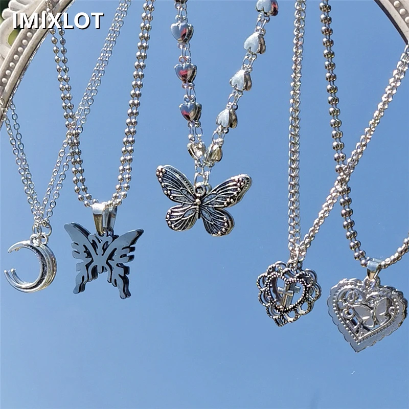 

Kpop Vintage Hollow Out Butterfly Heart Chain Metal Pendant Choker Necklace For Women Animal Punk Cool Harajuku Trendy Jewelry