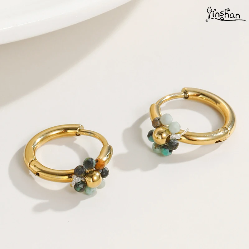 

LinShan Korean Net Red Beaded Flowers Titanium Steel Waterproof Earrings Retro Light Luxury Simple Ear Accessories Drop Shipping