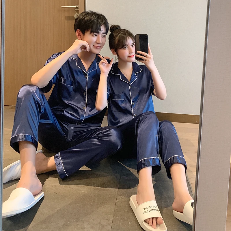 CAIYIER Spring Summer Couple Pajamas Set Cardigan Short Sleeve Trousers Sleepwear Women & Men Nightwear Solid Color Loungewear