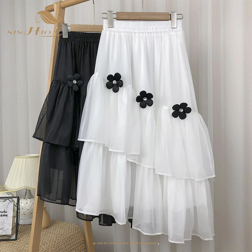 

SISHION 2022 Summer Japanese Academy Women Women Irregular Skirt Fashion Flower Stitching A -line Fairy Black White Skirt VD3075