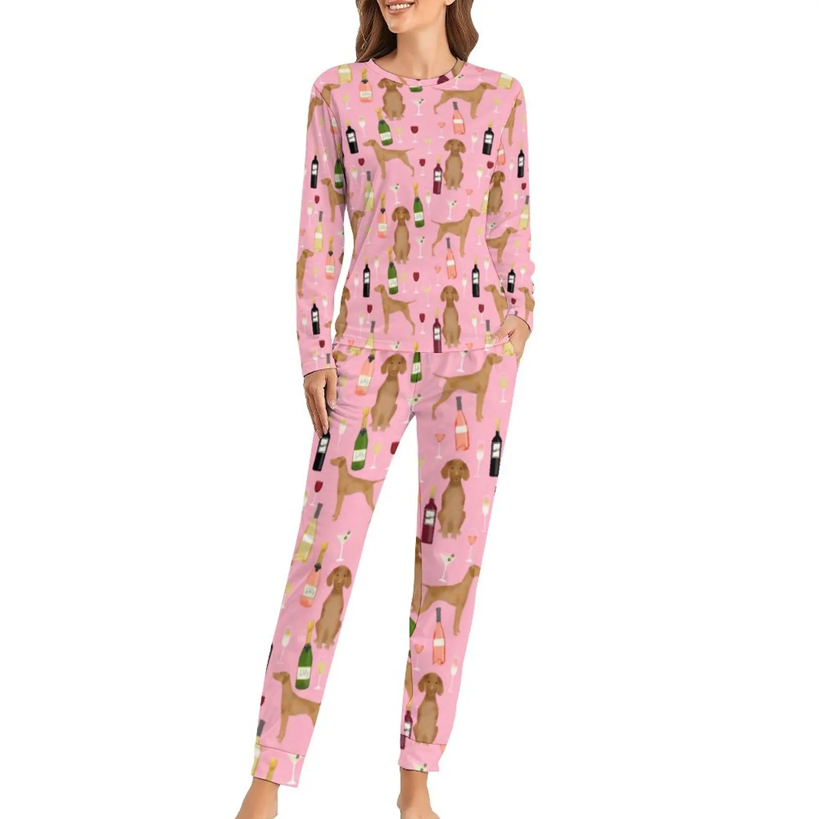 

Wine Lover Pajamas Female Vizsla Dog Print Kawaii Sleepwear 2 Pieces Casual Oversized Pajama Sets
