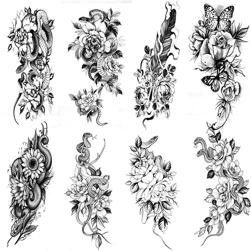 

Black Flower Wtih Snake Butterfly Temporary Tattoos For Women Peony Tattoo Stickers DIY Water Transfer Tatoos Paper Girls
