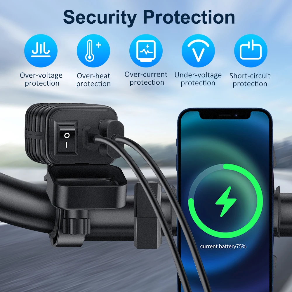 Зарядное устройство USB Anchtek 48 Вт для мотоциклов с вольтметром и выключателем