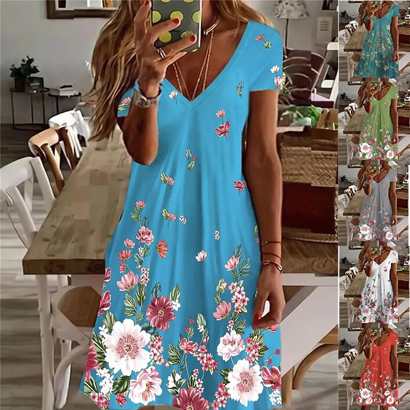 

Women's 2022 Fashion Casual Loose Short Sleeve Knee Length V-Neck Elegant Sexy Dress