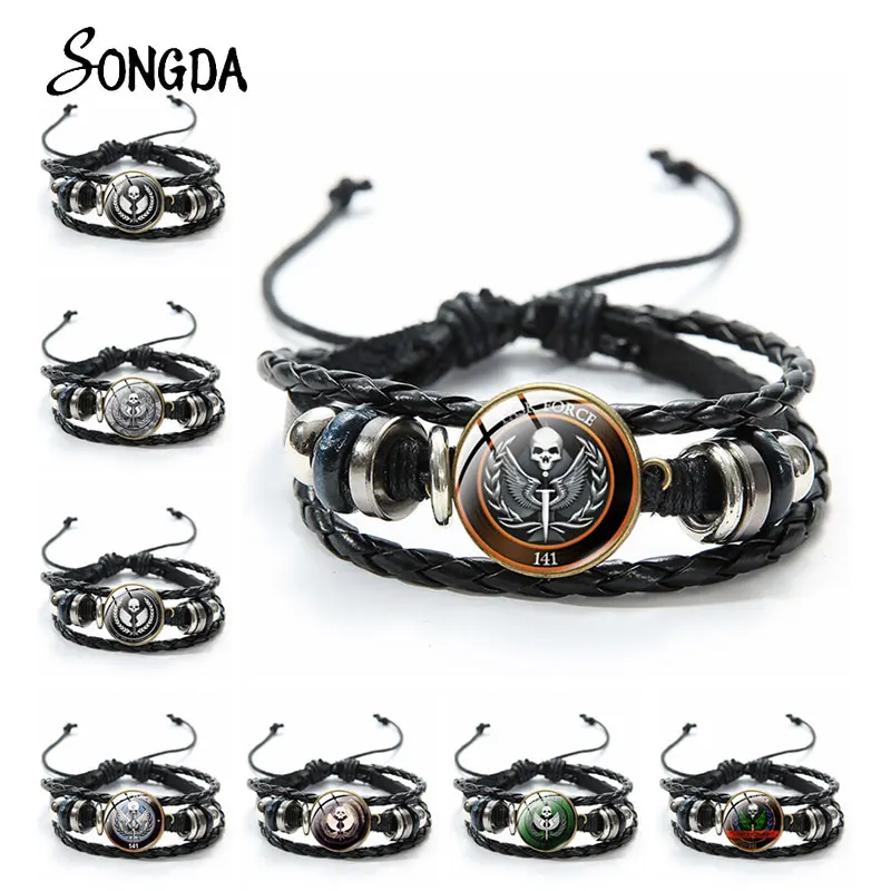 

Punk Task Force 141 Bracelet Delta Force Black Ops SAS Military Army Tactical Leather Bracelet US Special Force Glass Dome Gifts