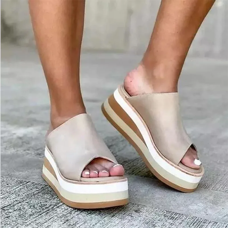 Platform Wedge Sandals Women's Slippers 2023 Summer Leather Slippers for Women Light Open Toe Plus Size Shoes Pantuflas De Mujer