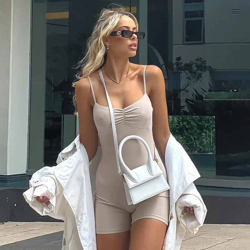 Solid color basic American conjoined pants 2022 slim fit pleated Strapless suspenders sexy fashion conjoined shorts women