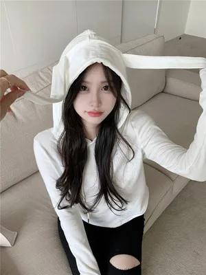 

Long-sleeved women's short cardigan outer jacket spring and autumn new fashion all-match blouse solid color with hood