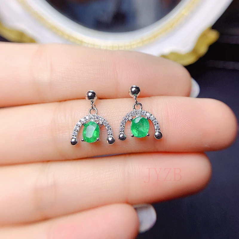 

925 sterling silver 100% natural Colombia 4x5mm emerald earrings fine jewelry