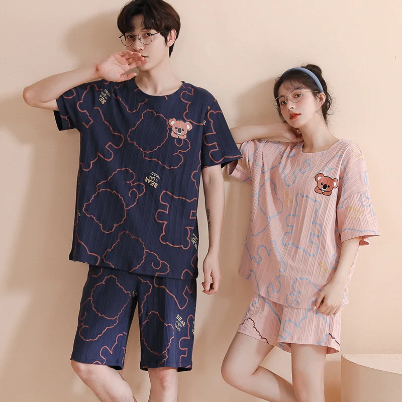 Pajamas for Women and Men Cotton Summer Thin Short-sleeved Round Neck Cartoon Skin-friendly Short Pants  Sexy Nightwear Pj Sets
