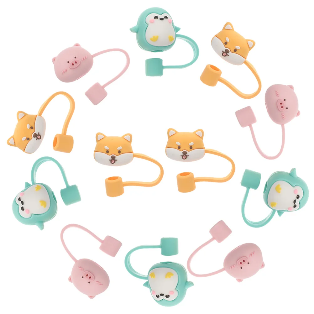 

12pcs Cartoon Animal Pattern Decorative Straw Protective Sleeves Straw Dust Caps Party Supply