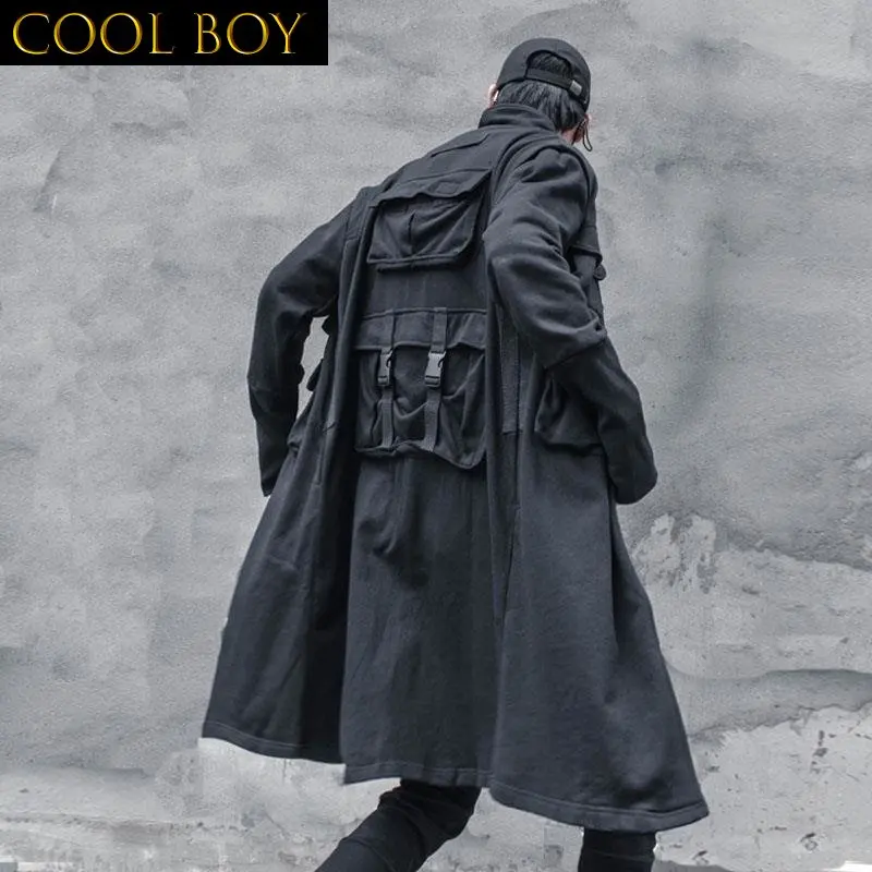 

Куртка Techwear для девочек, длинное пальто, кардиган, Мужская ветровка, плащ, Черная мужская одежда, уличная одежда в стиле хип-хоп, панк, рейва