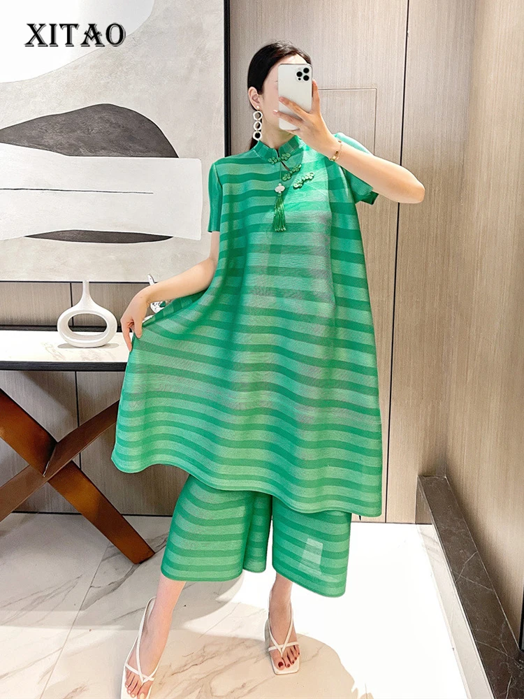 

XITAO Vintage Chinese Style Pant Sets Fashion Stripe Stand Collar Tassel Decorate Coil Buckle Top Ankle Length Pants WMD6589