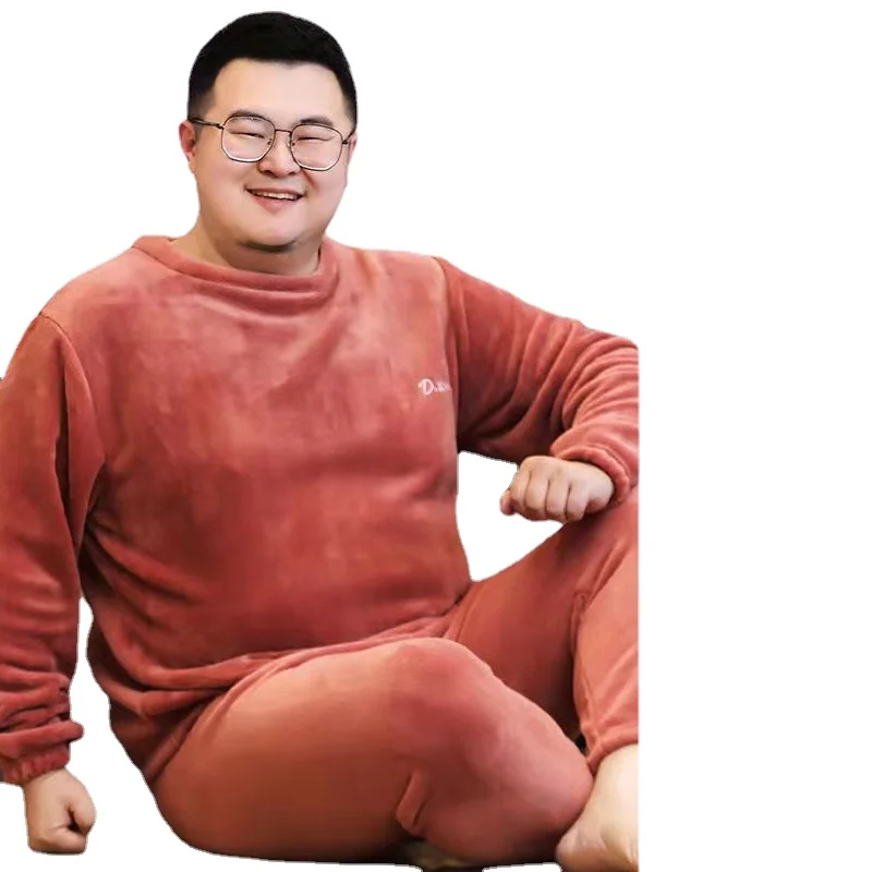 Plus Size 130KG Men's Flannel Pajamas Sets Grey Blue Crimson Home Clothes For male Plus Size Leisure Nightgown Sleepwear Suit