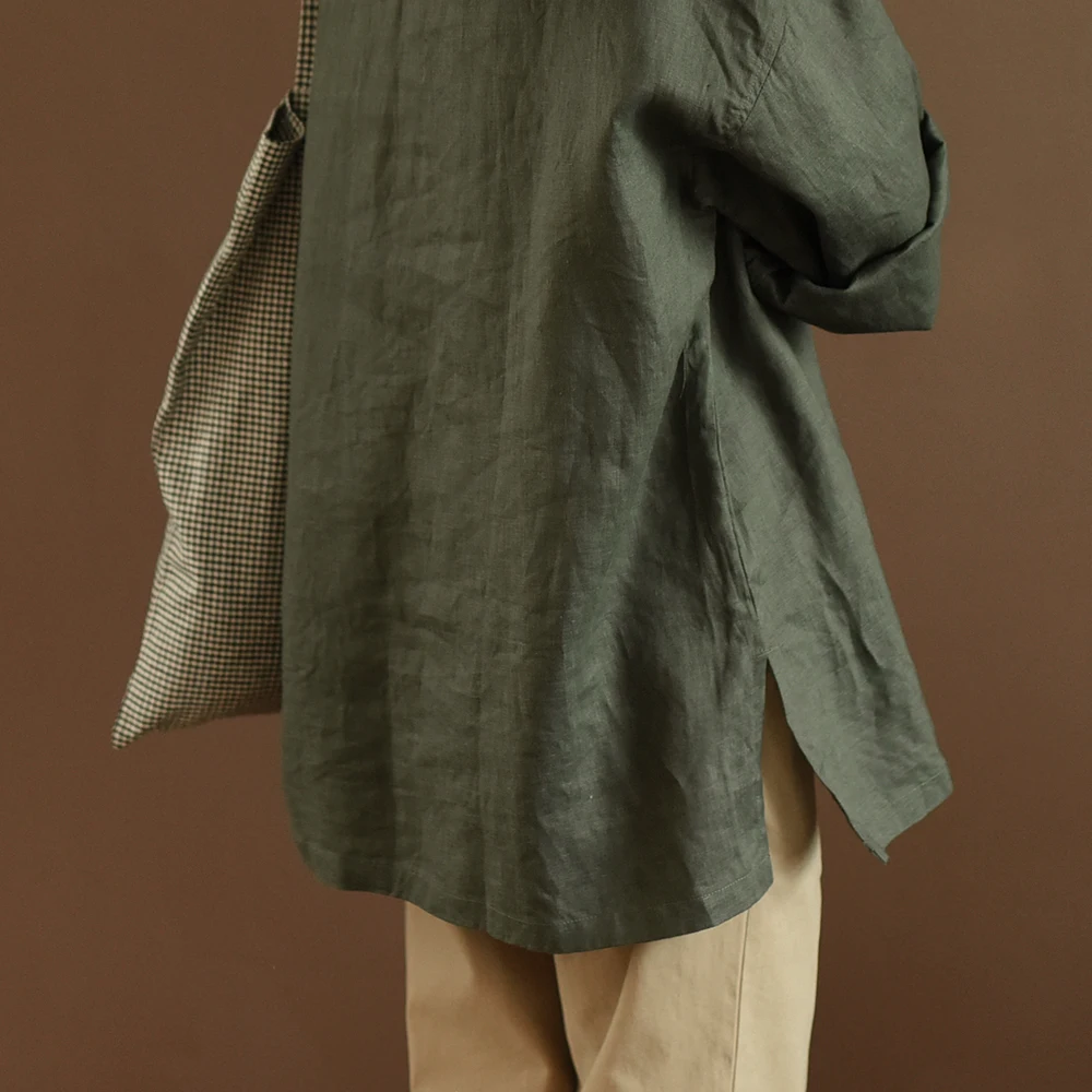 

Женская рубашка/блузка из промытой водой ткани, универсальная базовая Свободная блузка зеленого цвета из натуральной ткани, обхват груди 121-132 см, для лета