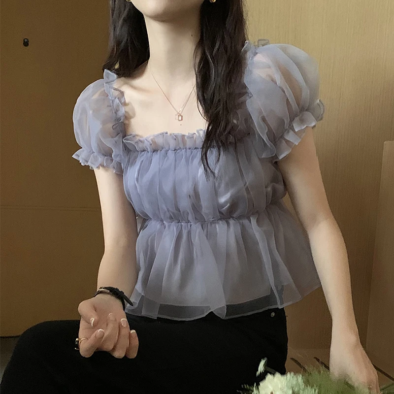 

Летняя Милая женская блузка WDMSNA с квадратным воротником, Корейская женская рубашка с вышивкой в виде грибка, короткая женская рубашка с пышными рукавами и зауженной талией