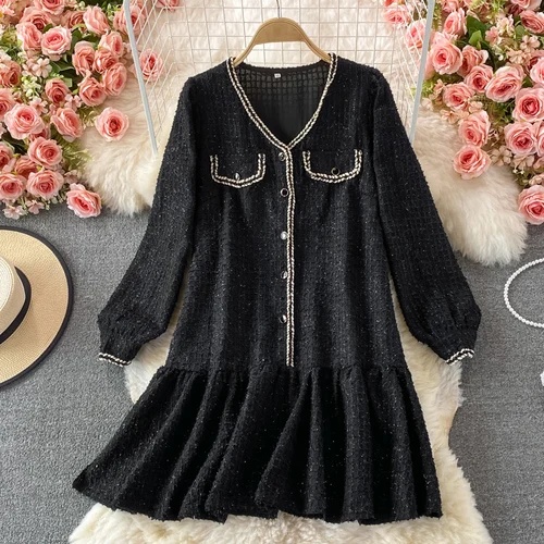 

N GIRLS V-neck Ruffled Hem Tweed Dress Female Fall New 2022 Light Luxury Ladies Vestidos Femme Temperament A-line Dresses Women