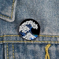 kanagawa cat wave printed pin custom funny vintage brooches shirt lapel teacher bag badge cartoon pins for lover girl friends