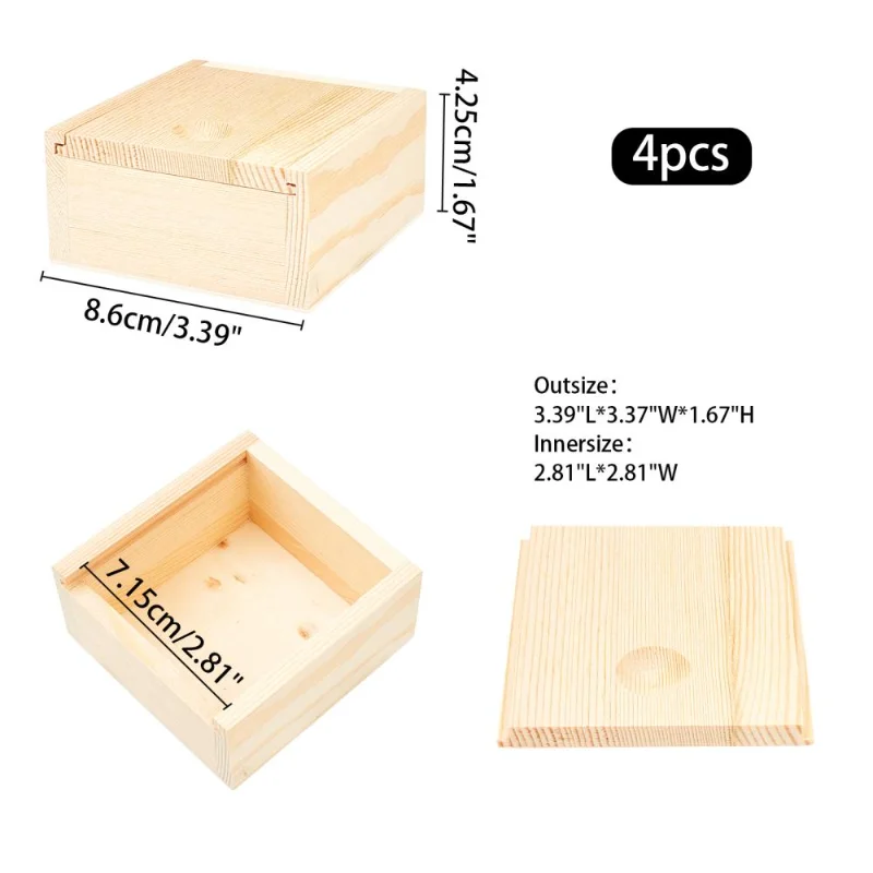 4Pcs Unfinished Natural Wooden Box Square Slide Top Jewelry Storage Container Multi-function Crafts Packing Case DIY Decor