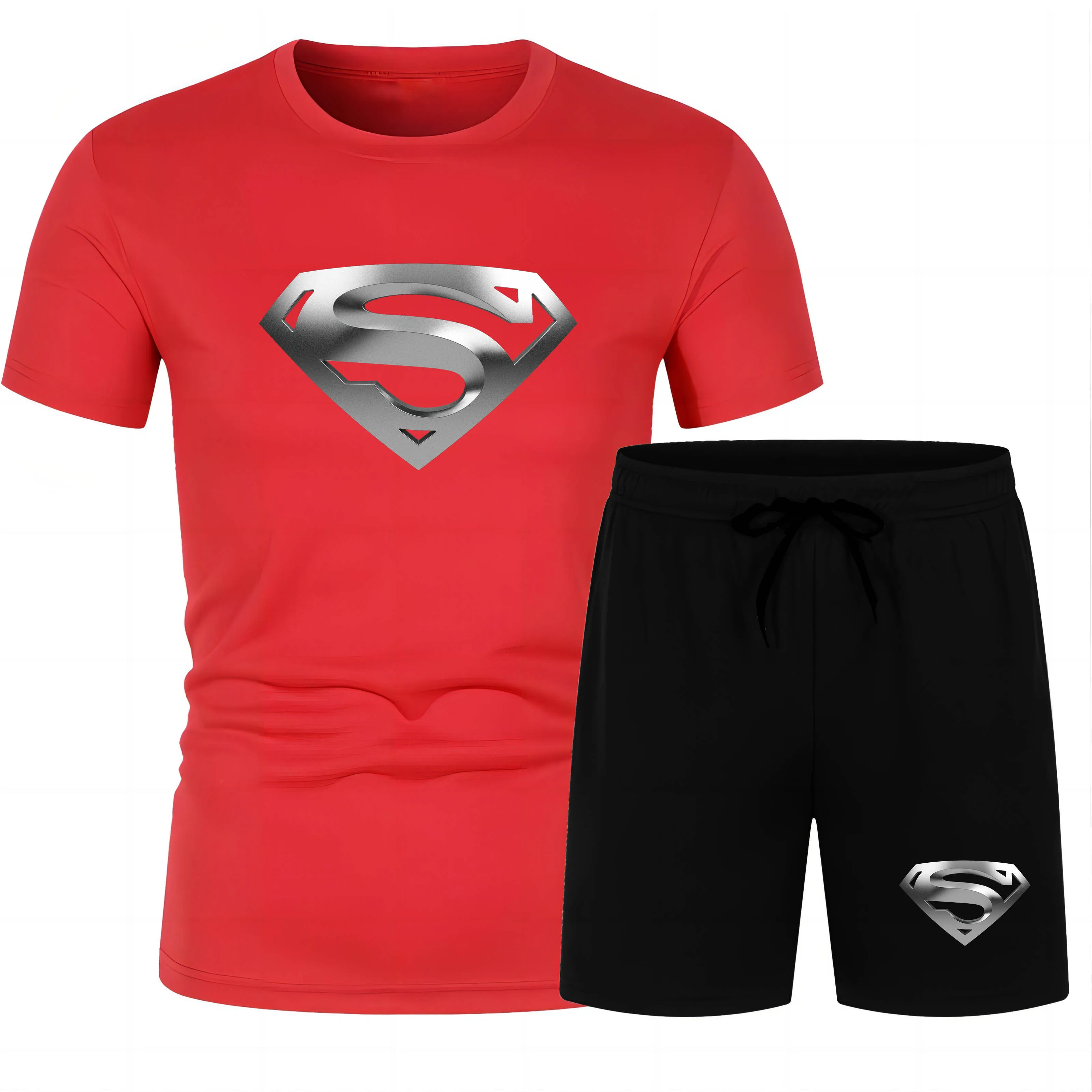 Four Seasons fashion outdoor leisure sports 2D print men's loose quick dry crew neck short sleeve T-shirt beach pants suit