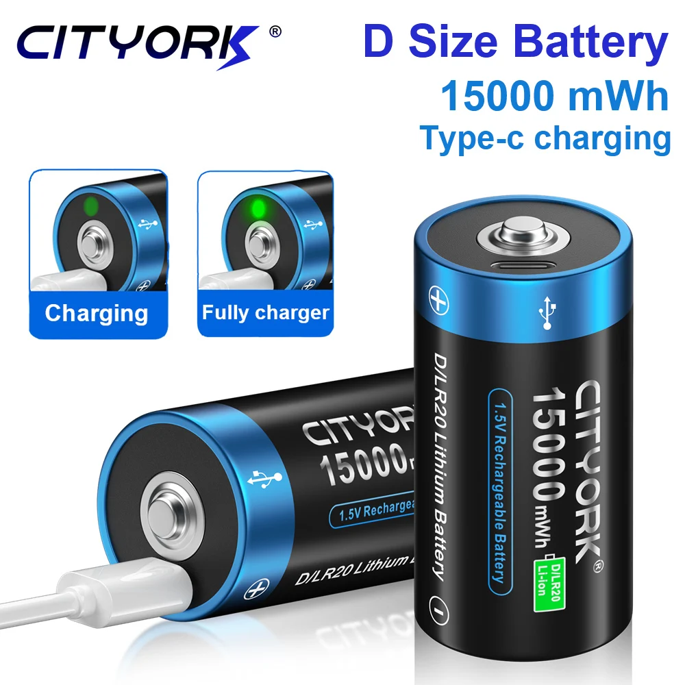 

CITYORK 1.5V D Size Rechargeable Battery 15000mWh Type-C USB Charging R20 LR20 Li-ion Batteries For Water Heater Gas Stove Radio