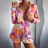 two piece set spring summer casual womens suit printed long sleeve shirt blouse matching shorts set bazin famous suit 2022 new