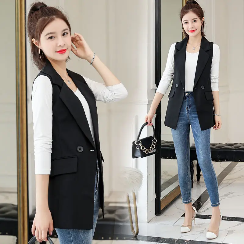 

New Women Simply Sleeveless Double Breasted Vest Jacket Office Ladies Wear Casual Suit Waistcoat Pockets Outwear Tops J165