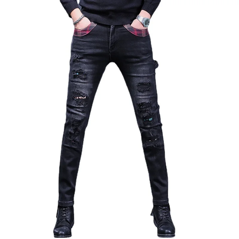 Men Ripped Patches Black Jeans Autumn Mens Slim Fit Pencil Pants Streetwear Fashion Plaid Patchwork Stretch Denim Trousers