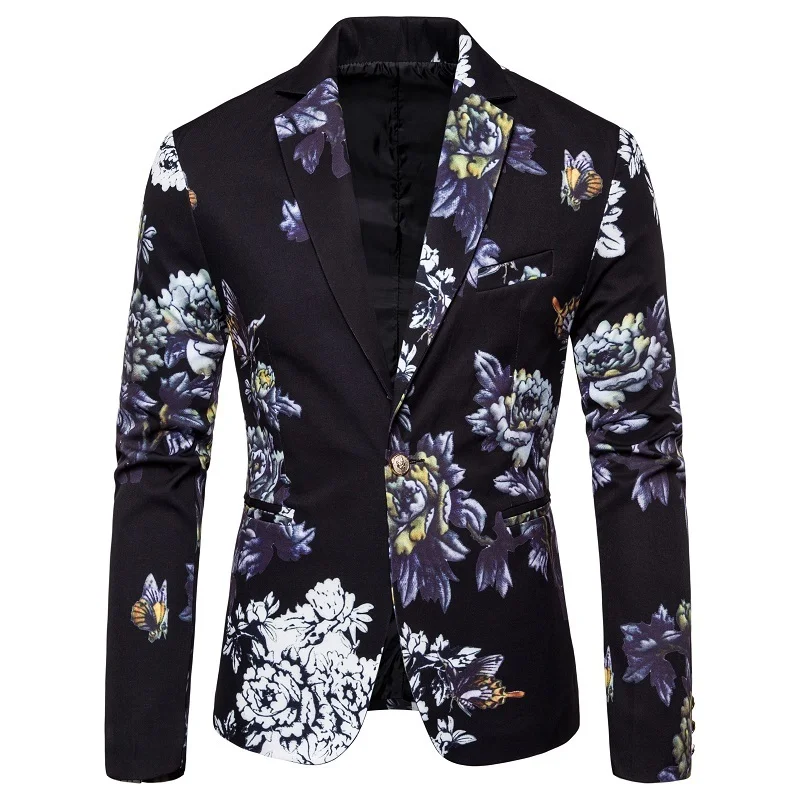 Men's Autumn Blazer Fashion Korean Clothing Prints Fancy Floral Suit Jacket Banquet Stage Dj Dress Coat Casual Slim Fit Blazzer images - 3