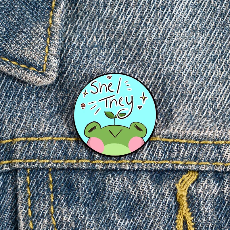 

She They Cute Pronouns Frog Pin Custom Funny vintage Brooches Shirt Lapel teacher Bag Badge Cartoon pins for Lover Girl Friends